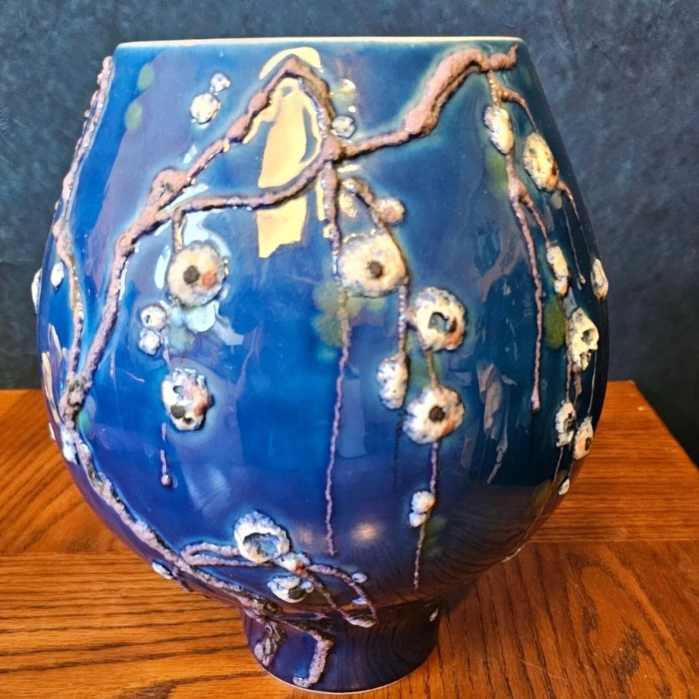 Vintage Italian Art Pottery Vase Cobalt Blue Textured Floral 184/1127 Italy 9in